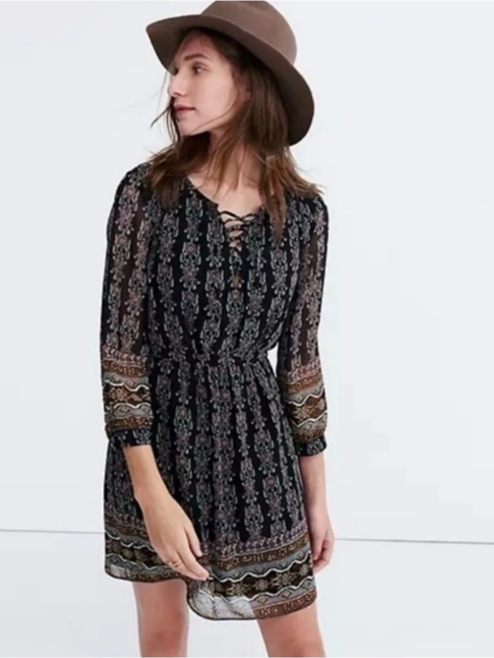 Madewell Woodland Dress Artisan Floral Black Printed Lace-Up Midi 3/4 Sleeves